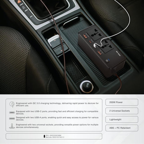 Green Lion Car Power Inverter 200W, 2×AC Universal Sockets, 2×USB - A & 2×USB - C Ports, PD 24W, QC 3.0 Charging, Durable Flame Retardant Material, Fast Charge Car Charger for Laptop, iPhone, Tablet - Al Kabayel Discount CentreGreen Lion Car Power Inverter 200W, 2×AC Universal Sockets, 2×USB - A & 2×USB - C Ports, PD 24W, QC 3.0 Charging, Durable Flame Retardant Material, Fast Charge Car Charger for Laptop, iPhone, TabletCords & AdaptersGREEN LIONAl Kabayel Discount Centre