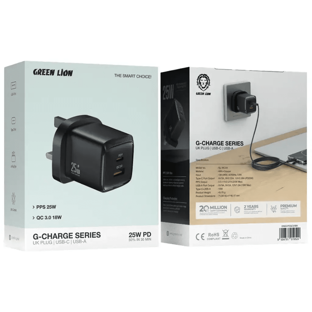 Green Lion G - Charge Series Dual Port Wall Charger 25W UK Plug with 1m USB - C to Lightning Cable, QC3.0 18W - Black - Al Kabayel Discount CentreGreen Lion G - Charge Series Dual Port Wall Charger 25W UK Plug with 1m USB - C to Lightning Cable, QC3.0 18W - BlackCords & AdaptersGREEN LIONAl Kabayel Discount Centre