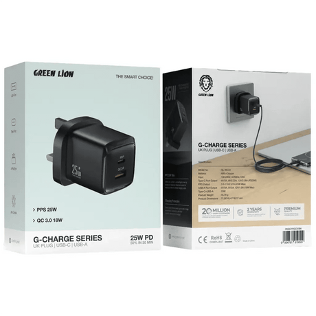 Green Lion G - Charge Series Dual Port Wall Charger 25W UK Plug with 1m USB - C to Lightning Cable, QC3.0 18W - Black - Al Kabayel Discount CentreGreen Lion G - Charge Series Dual Port Wall Charger 25W UK Plug with 1m USB - C to Lightning Cable, QC3.0 18W - BlackCords & AdaptersGREEN LIONAl Kabayel Discount Centre