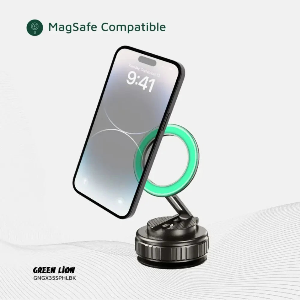 Green Lion GX - 35 Suction Phone Holder with 360 Rotation, Upgraded Magnetic Force, Zinc Alloy Arm, Compatible with MagSafe Strong Suction, Foldable Design, 3 - Axis Adjustment - Black - Al Kabayel Discount CentreGreen Lion GX - 35 Suction Phone Holder with 360 Rotation, Upgraded Magnetic Force, Zinc Alloy Arm, Compatible with MagSafe Strong Suction, Foldable Design, 3 - Axis Adjustment - BlackMobile AccessoriesGREEN LIONAl Kabayel Discount Centre
