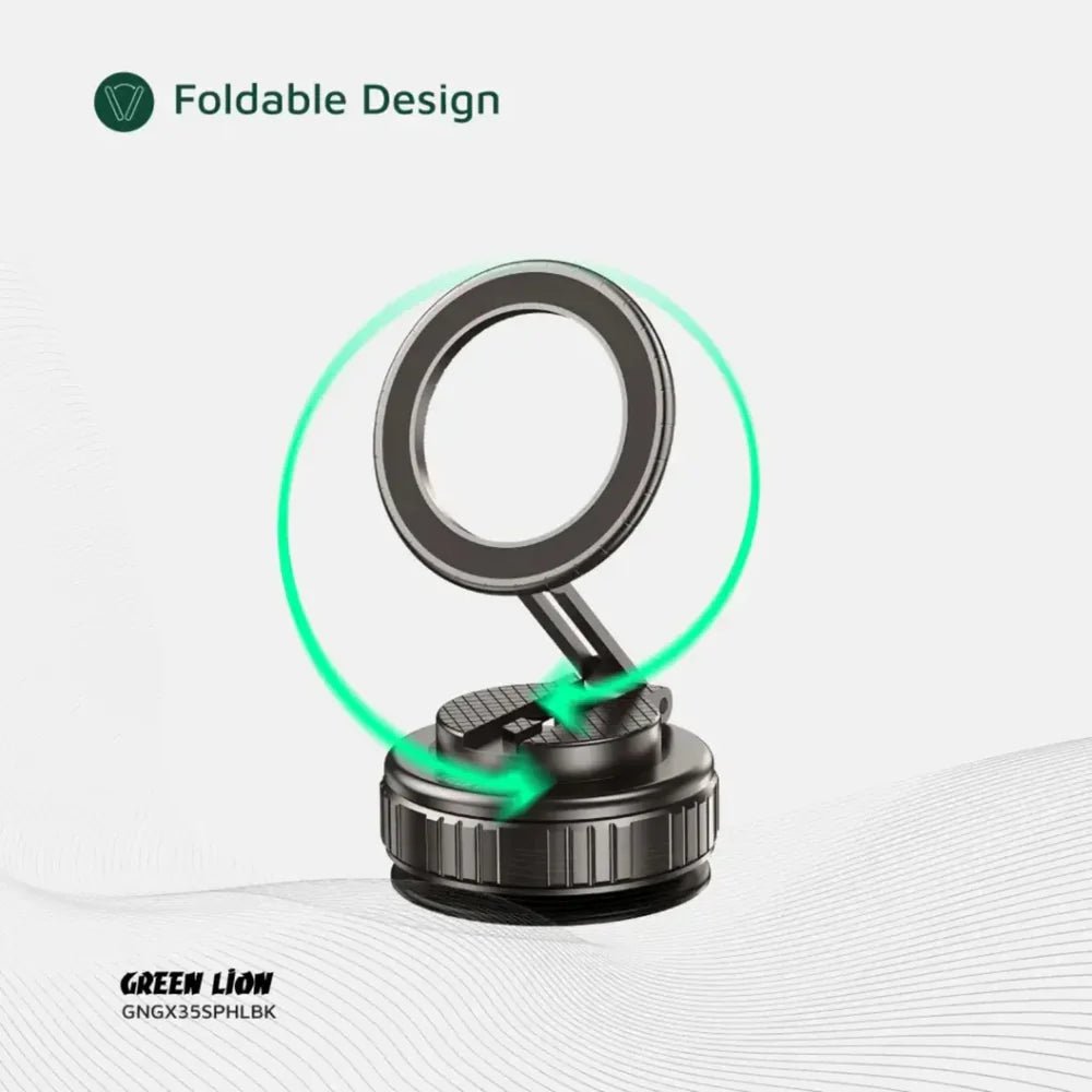 Green Lion GX - 35 Suction Phone Holder with 360 Rotation, Upgraded Magnetic Force, Zinc Alloy Arm, Compatible with MagSafe Strong Suction, Foldable Design, 3 - Axis Adjustment - Black - Al Kabayel Discount CentreGreen Lion GX - 35 Suction Phone Holder with 360 Rotation, Upgraded Magnetic Force, Zinc Alloy Arm, Compatible with MagSafe Strong Suction, Foldable Design, 3 - Axis Adjustment - BlackMobile AccessoriesGREEN LIONAl Kabayel Discount Centre