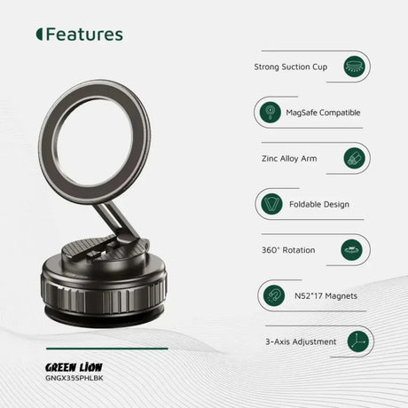 Green Lion GX - 35 Suction Phone Holder with 360 Rotation, Upgraded Magnetic Force, Zinc Alloy Arm, Compatible with MagSafe Strong Suction, Foldable Design, 3 - Axis Adjustment - Black - Al Kabayel Discount CentreGreen Lion GX - 35 Suction Phone Holder with 360 Rotation, Upgraded Magnetic Force, Zinc Alloy Arm, Compatible with MagSafe Strong Suction, Foldable Design, 3 - Axis Adjustment - BlackMobile AccessoriesGREEN LIONAl Kabayel Discount Centre
