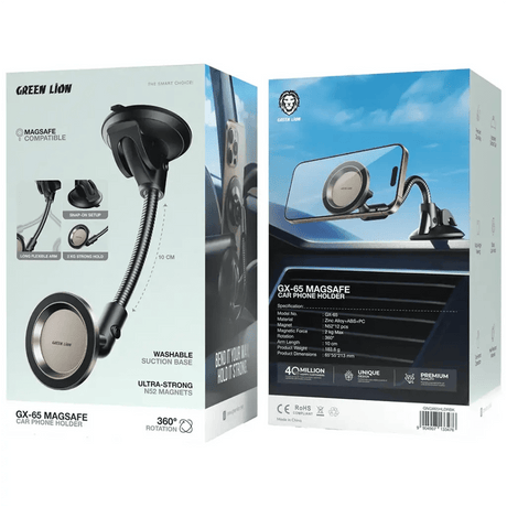 Green Lion GX - 65 MagSafe Car Phone Holder, Washable Suction Base, Ultra - Strong N52 Magnets - Black - Al Kabayel Discount CentreGreen Lion GX - 65 MagSafe Car Phone Holder, Washable Suction Base, Ultra - Strong N52 Magnets - BlackMobile AccessoriesGREEN LIONAl Kabayel Discount Centre