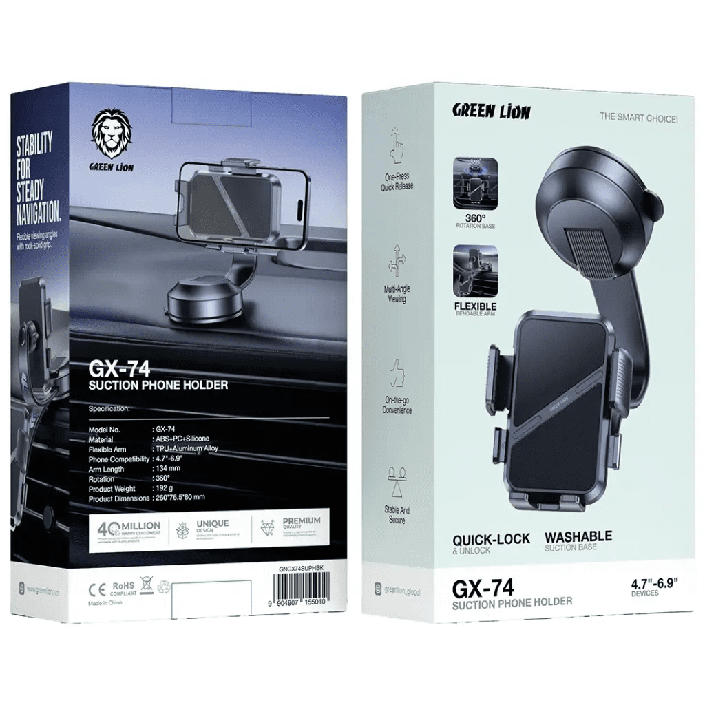 Green Lion GX - 74 Suction Phone Holder, Flexible Bendable Arm & 360° Rotation, Universal Car Mount for 4.7" to 6.9" Devices, Washable Suction Cup Base with One - Press Quick Release - Al Kabayel Discount CentreGreen Lion GX - 74 Suction Phone Holder, Flexible Bendable Arm & 360° Rotation, Universal Car Mount for 4.7" to 6.9" Devices, Washable Suction Cup Base with One - Press Quick ReleaseMobile AccessoriesGREEN LIONAl Kabayel Discount Centre