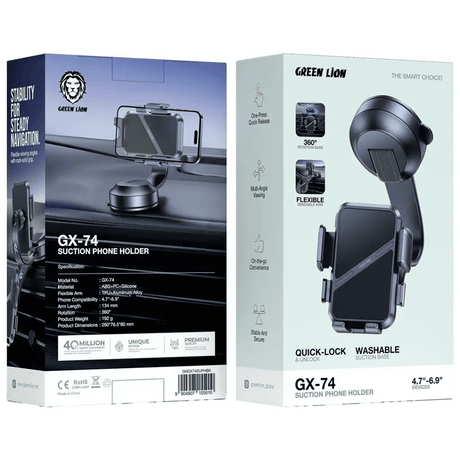 Green Lion GX - 74 Suction Phone Holder, Flexible Bendable Arm & 360° Rotation, Universal Car Mount for 4.7" to 6.9" Devices, Washable Suction Cup Base with One - Press Quick Release - Al Kabayel Discount CentreGreen Lion GX - 74 Suction Phone Holder, Flexible Bendable Arm & 360° Rotation, Universal Car Mount for 4.7" to 6.9" Devices, Washable Suction Cup Base with One - Press Quick ReleaseMobile AccessoriesGREEN LIONAl Kabayel Discount Centre