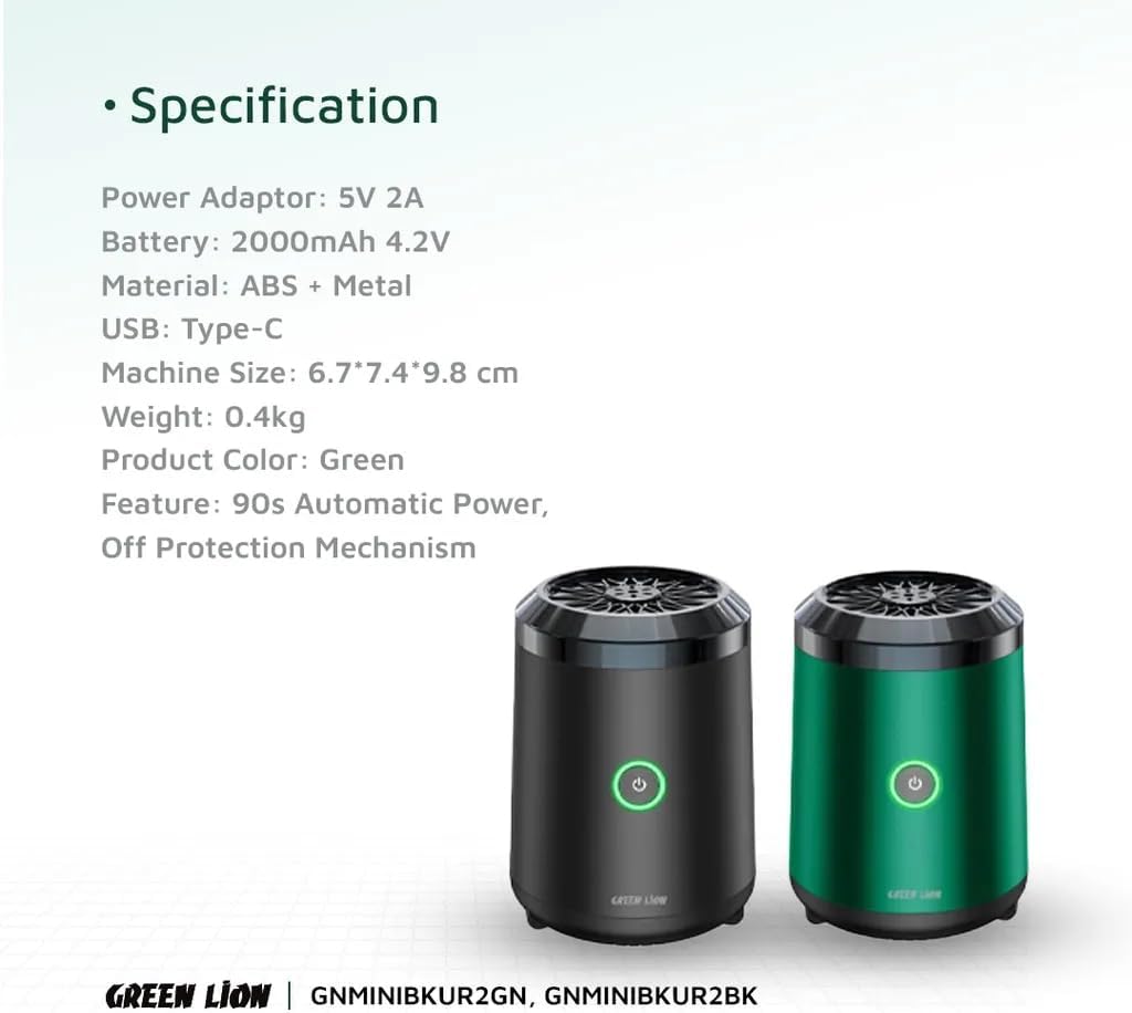 Green Lion Mini Bakhour 2 Incense Burner, Auto Off Feature, Type - C Charging, Compact & Portable, 10 - 15 Times Working Capacity, Accompanied by Fragrance, 2000mAh Battery (Green) - Al Kabayel Discount CentreGreen Lion Mini Bakhour 2 Incense Burner, Auto Off Feature, Type - C Charging, Compact & Portable, 10 - 15 Times Working Capacity, Accompanied by Fragrance, 2000mAh Battery (Green)Incense BurnerGREEN LIONAl Kabayel Discount Centre