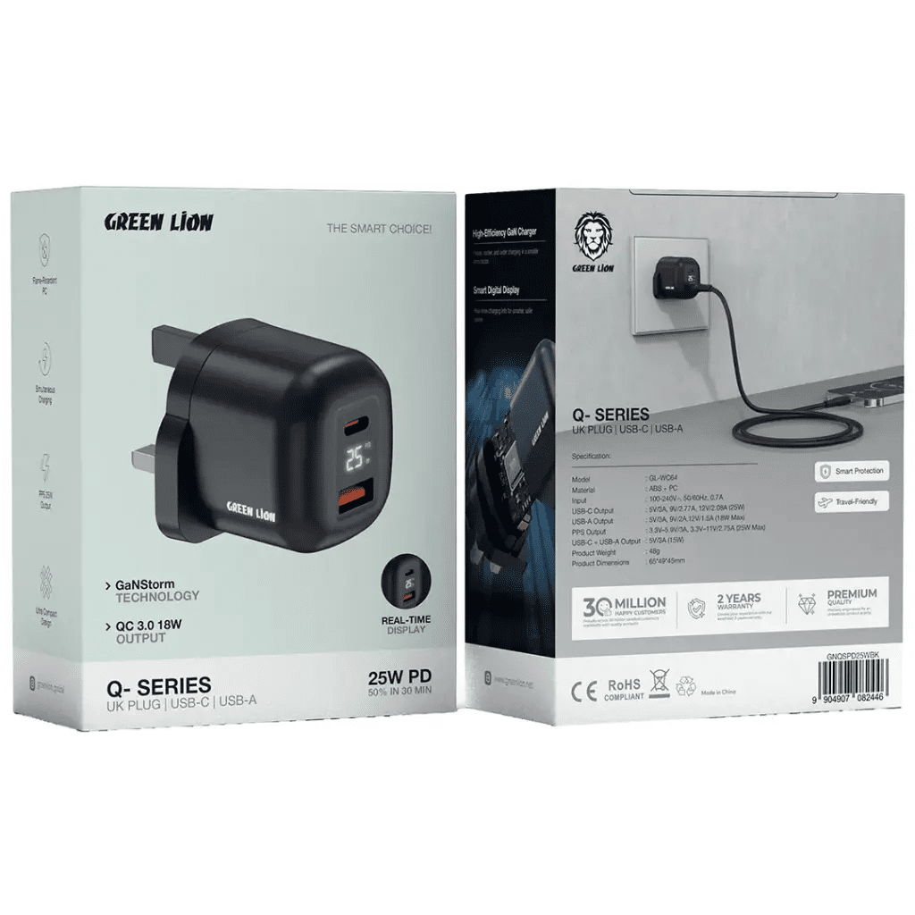 Green Lion Q - Series Uk Plug Gan Charger Usb - C&A Port Pd25W+ Qc3.0 with Real Time Display - Black - Al Kabayel Discount CentreGreen Lion Q - Series Uk Plug Gan Charger Usb - C&A Port Pd25W+ Qc3.0 with Real Time Display - BlackCords & AdaptersGREEN LIONAl Kabayel Discount Centre