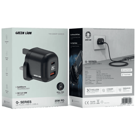 Green Lion Q - Series Uk Plug Gan Charger Usb - C&A Port Pd25W+ Qc3.0 with Real Time Display - Black - Al Kabayel Discount CentreGreen Lion Q - Series Uk Plug Gan Charger Usb - C&A Port Pd25W+ Qc3.0 with Real Time Display - BlackCords & AdaptersGREEN LIONAl Kabayel Discount Centre