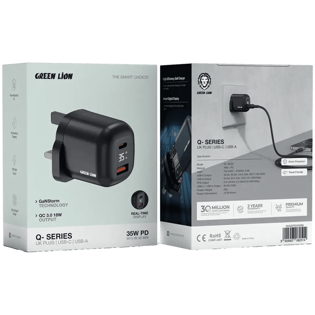 Green Lion Q - Series Uk Plug Gan Charger Usb - C&A Port Pd35W+ Qc3.0 with Real Time Display - Black - Al Kabayel Discount CentreGreen Lion Q - Series Uk Plug Gan Charger Usb - C&A Port Pd35W+ Qc3.0 with Real Time Display - BlackCords & AdaptersGREEN LIONAl Kabayel Discount Centre