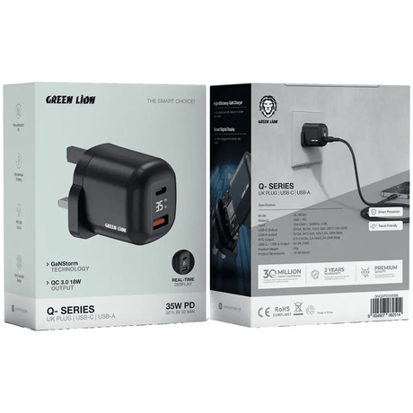 Green Lion Q - Series Uk Plug Gan Charger Usb - C&A Port Pd35W+ Qc3.0 with Real Time Display - Black - Al Kabayel Discount CentreGreen Lion Q - Series Uk Plug Gan Charger Usb - C&A Port Pd35W+ Qc3.0 with Real Time Display - BlackCords & AdaptersGREEN LIONAl Kabayel Discount Centre