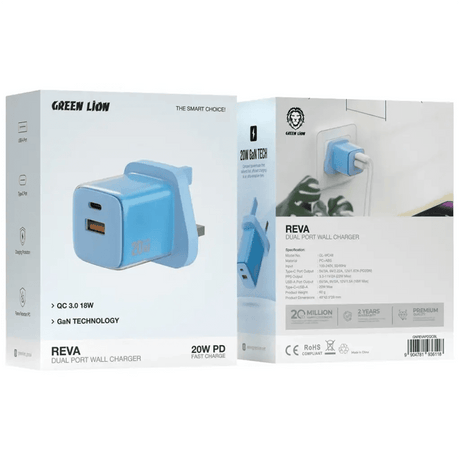 Green Lion Reva Dual Port Wall Charger 20W PD Fast Charge, QC 3.0 18W, Blue - Al Kabayel Discount CentreGreen Lion Reva Dual Port Wall Charger 20W PD Fast Charge, QC 3.0 18W, BlueCords & AdaptersGREEN LIONAl Kabayel Discount Centre