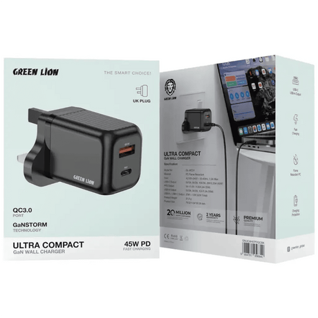 Green Lion Ultra Compact GaN 45W Wall Charger with 1m USB - C to USB - C Cable, QC3.0 Port - Black - Al Kabayel Discount CentreGreen Lion Ultra Compact GaN 45W Wall Charger with 1m USB - C to USB - C Cable, QC3.0 Port - BlackCords & AdaptersGREEN LIONAl Kabayel Discount Centre