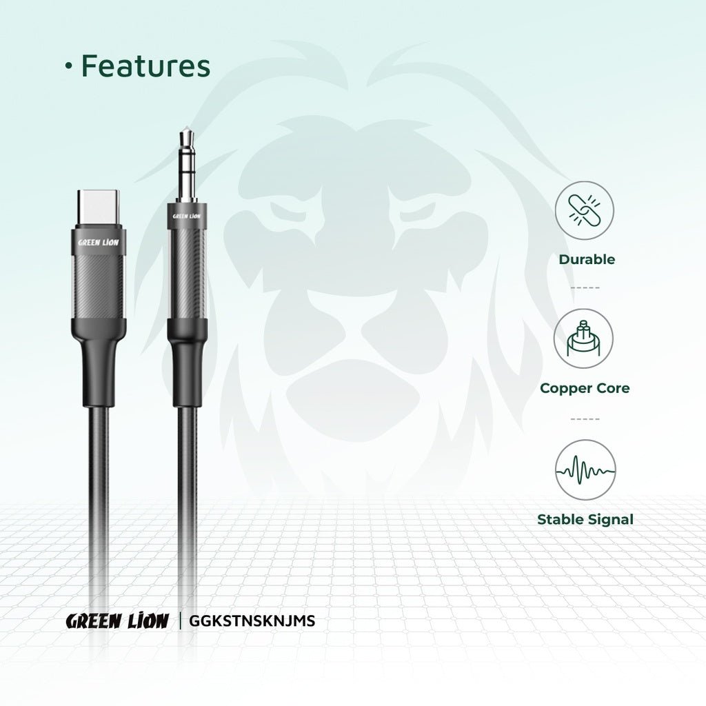Green Lion USB - C to AUX Braided Cable 1M, Stable Signal, Durable Material, Copper Core, 10000 Bends Life Span, Wide Compatibility, Secure & Reliable - Black - Al Kabayel Discount CentreGreen Lion USB - C to AUX Braided Cable 1M, Stable Signal, Durable Material, Copper Core, 10000 Bends Life Span, Wide Compatibility, Secure & Reliable - BlackCords & AdaptersGREEN LIONAl Kabayel Discount Centre