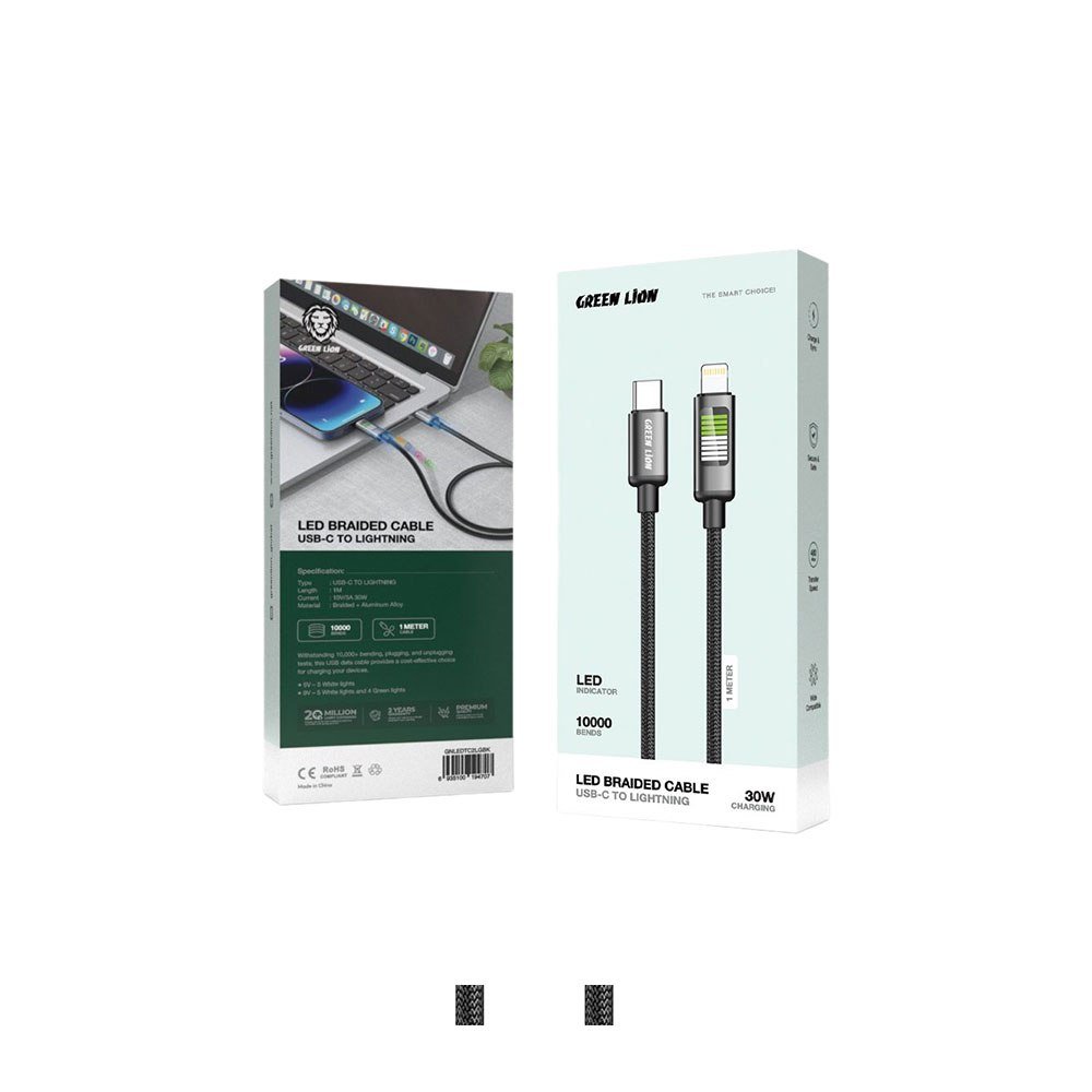 Green Lion USB - C to USB - C LED Charging Cable, 480Mbps Data Transfer Speed, 20V/3A (60W) Power Delivery, Braided + Aluminum Alloy, 1m Length, LED Indicator, 10,000 Bends Lifespan, Black - Al Kabayel Discount CentreGreen Lion USB - C to USB - C LED Charging Cable, 480Mbps Data Transfer Speed, 20V/3A (60W) Power Delivery, Braided + Aluminum Alloy, 1m Length, LED Indicator, 10,000 Bends Lifespan, BlackCords & AdaptersGREEN LIONAl Kabayel Discount Centre