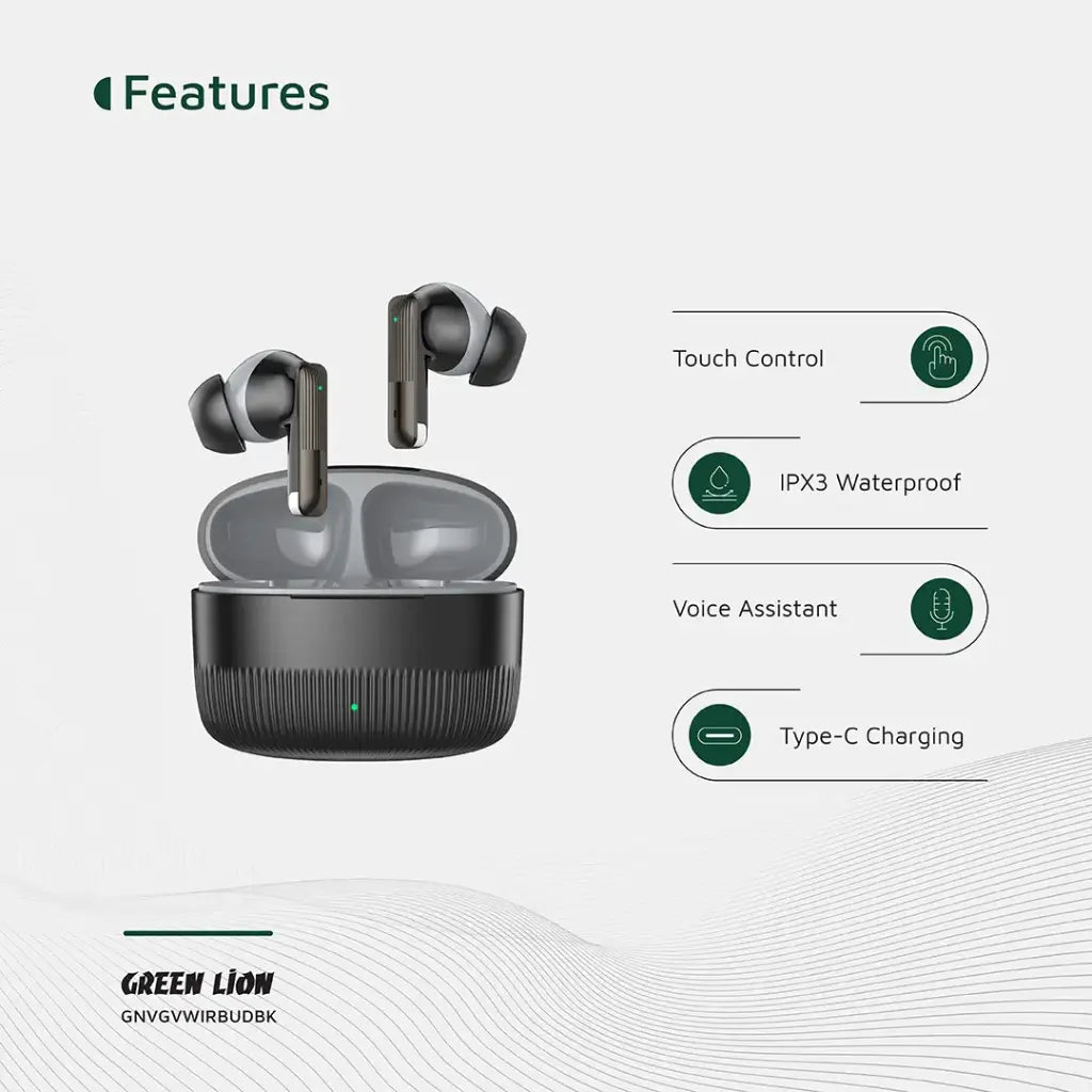 Green Lion Vancouver True Wireless Earbuds Silicone Case Included, V6.0 Bluetooth, Dual Mic ENC, 12Hrs with Case, Black - Al Kabayel Discount CentreGreen Lion Vancouver True Wireless Earbuds Silicone Case Included, V6.0 Bluetooth, Dual Mic ENC, 12Hrs with Case, BlackElectronic AppliancesGREEN LIONAl Kabayel Discount Centre