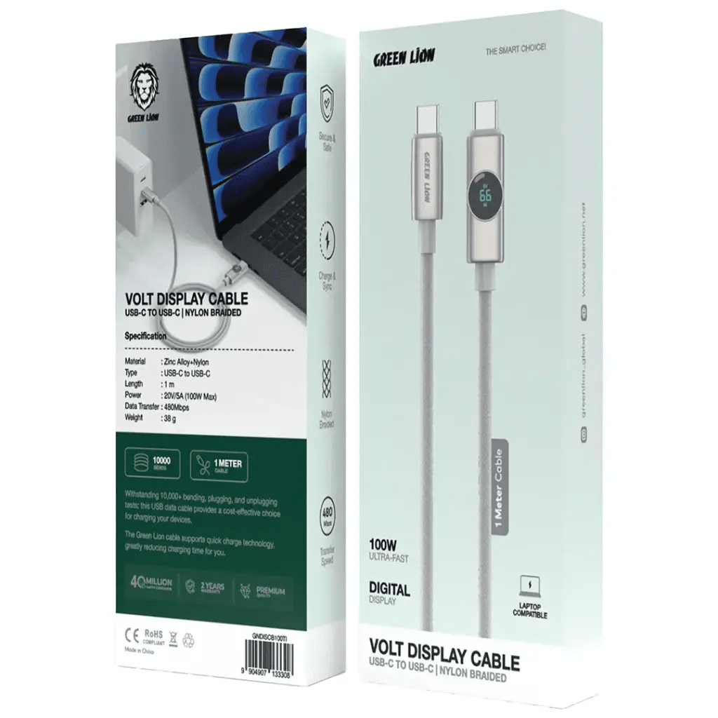 Green Lion Volt Display USB - C to USB - C Nylon Braided Cable 1m Length, 100W - Titanium - Al Kabayel Discount CentreGreen Lion Volt Display USB - C to USB - C Nylon Braided Cable 1m Length, 100W - TitaniumCords & AdaptersGREEN LIONAl Kabayel Discount Centre