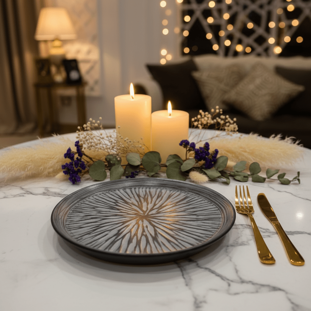 Grey & Black Elegant Ceramic Round Plate — 23cm | Starburst Radial Design - Al Kabayel Discount CentreGrey & Black Elegant Ceramic Round Plate — 23cm | Starburst Radial DesignPlatesAKDCAl Kabayel Discount Centre