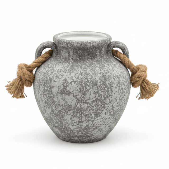 Grey Ceramic Vase with Jute Rope Handles | Speckled Stone Finish | Luxury Home Décor | 20cm - Al Kabayel Discount CentreGrey Ceramic Vase with Jute Rope Handles | Speckled Stone Finish | Luxury Home Décor | 20cmHome Décor AccentsAKDCAl Kabayel Discount Centre