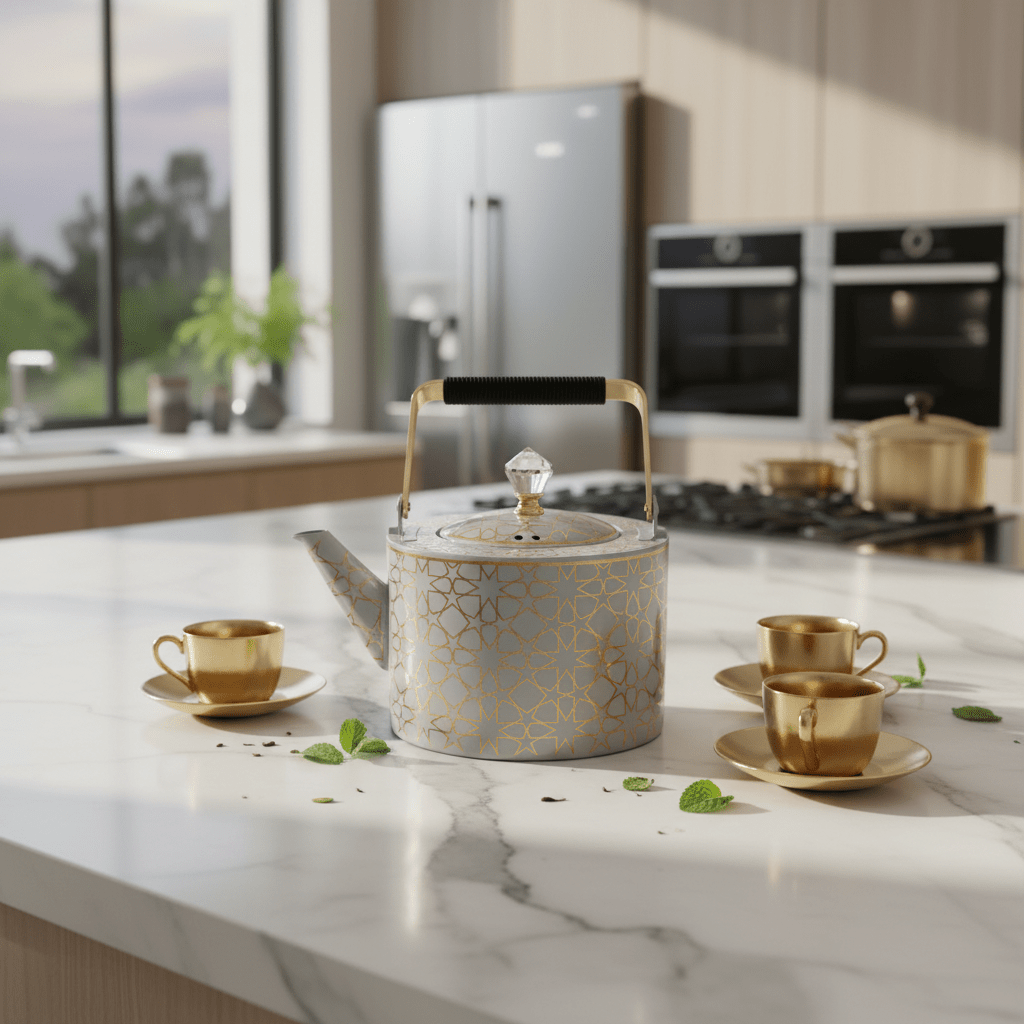 Grey & Gold Metal Kettle – 2 Litre | Elegant Crystal Lid Knob | Geometric Engraved Luxury Tea Kettle for Arabic Hospitality & Gifting - Al Kabayel Discount CentreGrey & Gold Metal Kettle – 2 Litre | Elegant Crystal Lid Knob | Geometric Engraved Luxury Tea Kettle for Arabic Hospitality & GiftingTea/Coffee PotsAKDCAl Kabayel Discount Centre