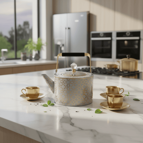 Grey & Gold Metal Kettle – 2 Litre | Elegant Crystal Lid Knob | Geometric Engraved Luxury Tea Kettle for Arabic Hospitality & Gifting - Al Kabayel Discount CentreGrey & Gold Metal Kettle – 2 Litre | Elegant Crystal Lid Knob | Geometric Engraved Luxury Tea Kettle for Arabic Hospitality & GiftingTea/Coffee PotsAKDCAl Kabayel Discount Centre
