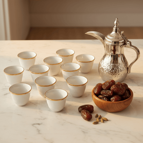 Hafit Premium White Ceramic Arabic Cawa Coffee Cups Set of 12 Gold Rim Unique Design Large Size 100 ml - Al Kabayel Discount CentreHafit Premium White Ceramic Arabic Cawa Coffee Cups Set of 12 Gold Rim Unique Design Large Size 100 mlTea CupsHAFITAl Kabayel Discount Centre