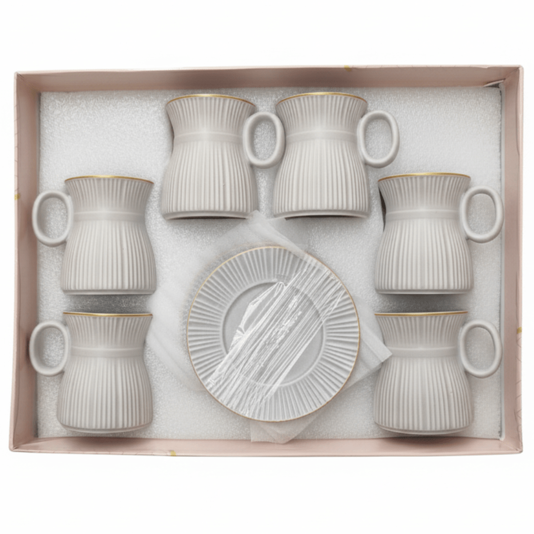 Hamid 12-Piece Ceramic Cup & Saucer Set – Light Gray with Gold Rim | 6 Cups & 6 Saucers - Al Kabayel Discount CentreHamid 12-Piece Ceramic Cup & Saucer Set – Light Gray with Gold Rim | 6 Cups & 6 SaucersTea SetsHAMIDAl Kabayel Discount Centre