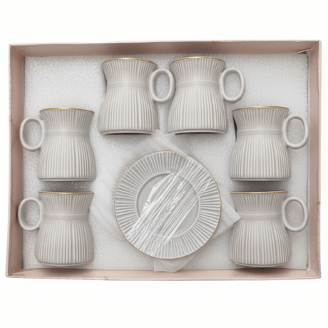 Hamid 12-Piece Ceramic Cup & Saucer Set – Light Gray with Gold Rim | 6 Cups & 6 Saucers - Al Kabayel Discount CentreHamid 12-Piece Ceramic Cup & Saucer Set – Light Gray with Gold Rim | 6 Cups & 6 SaucersTea SetsHAMIDAl Kabayel Discount Centre