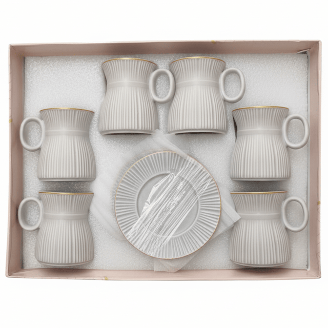 Hamid 12-Piece Ceramic Cup & Saucer Set – Light Gray with Gold Rim | 6 Cups & 6 Saucers - Al Kabayel Discount CentreHamid 12-Piece Ceramic Cup & Saucer Set – Light Gray with Gold Rim | 6 Cups & 6 SaucersTea SetsHAMIDAl Kabayel Discount Centre