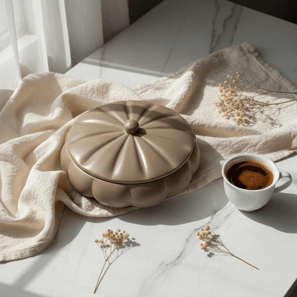Hamid Ceramic Candy Box with Lid | Scalloped Petal Design | 10.25cm | Warm Brown - Al Kabayel Discount CentreHamid Ceramic Candy Box with Lid | Scalloped Petal Design | 10.25cm | Warm BrownJars & Food SaversHAMIDAl Kabayel Discount Centre
