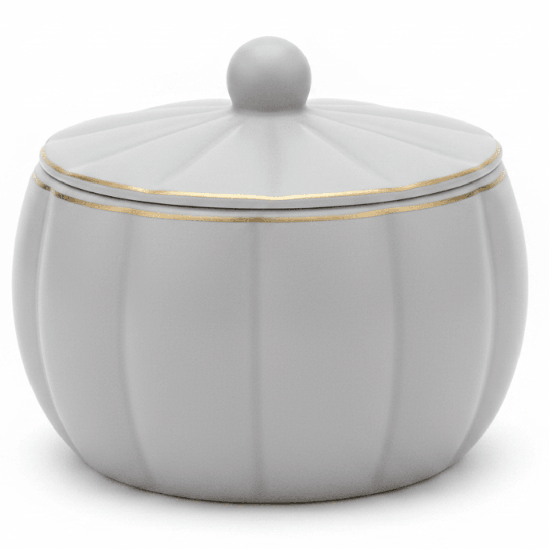 Hamid Grey Ceramic Candy Bowl with Lid | 3.5 Inch | Gold Rim Accent - Al Kabayel Discount CentreHamid Grey Ceramic Candy Bowl with Lid | 3.5 Inch | Gold Rim AccentJars & Food SaversHAMIDAl Kabayel Discount Centre