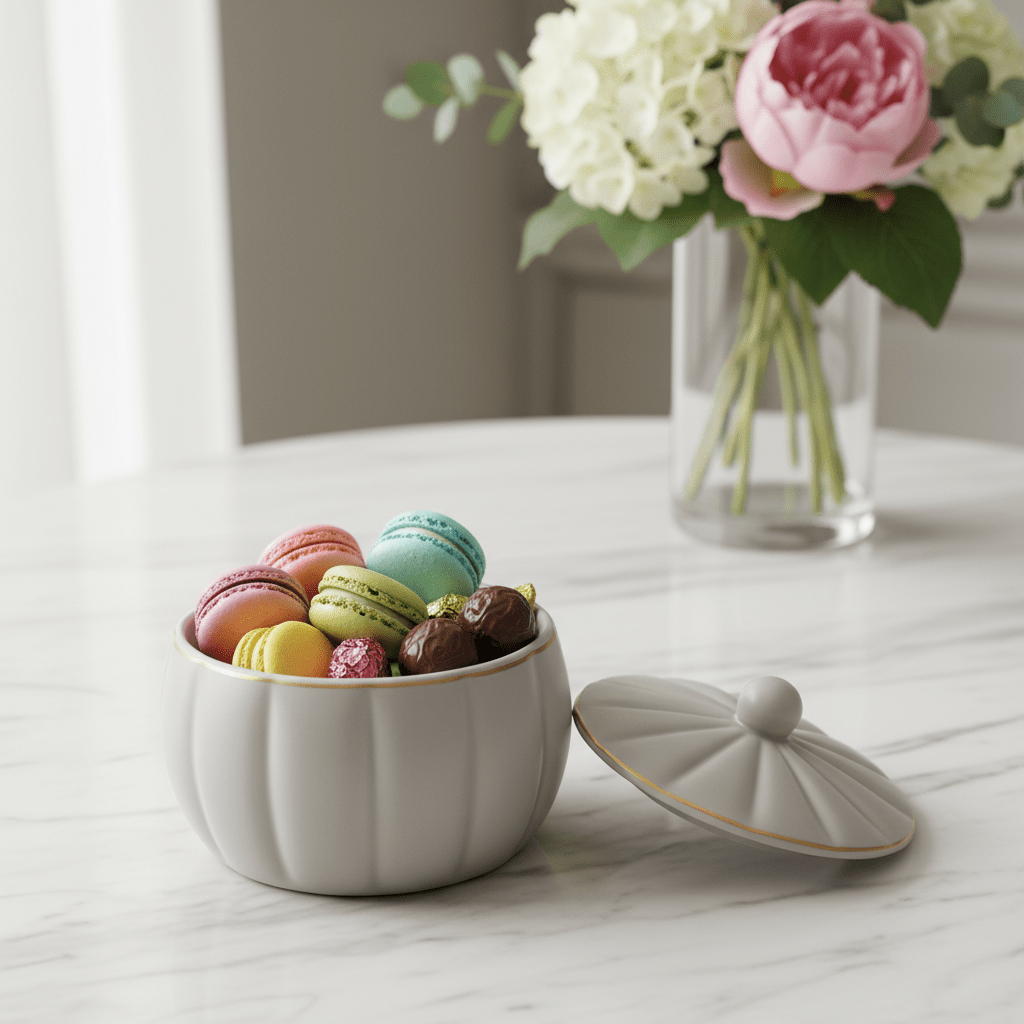 Hamid Grey Ceramic Candy Bowl with Lid | 3.5 Inch | Gold Rim Accent - Al Kabayel Discount CentreHamid Grey Ceramic Candy Bowl with Lid | 3.5 Inch | Gold Rim AccentJars & Food SaversHAMIDAl Kabayel Discount Centre