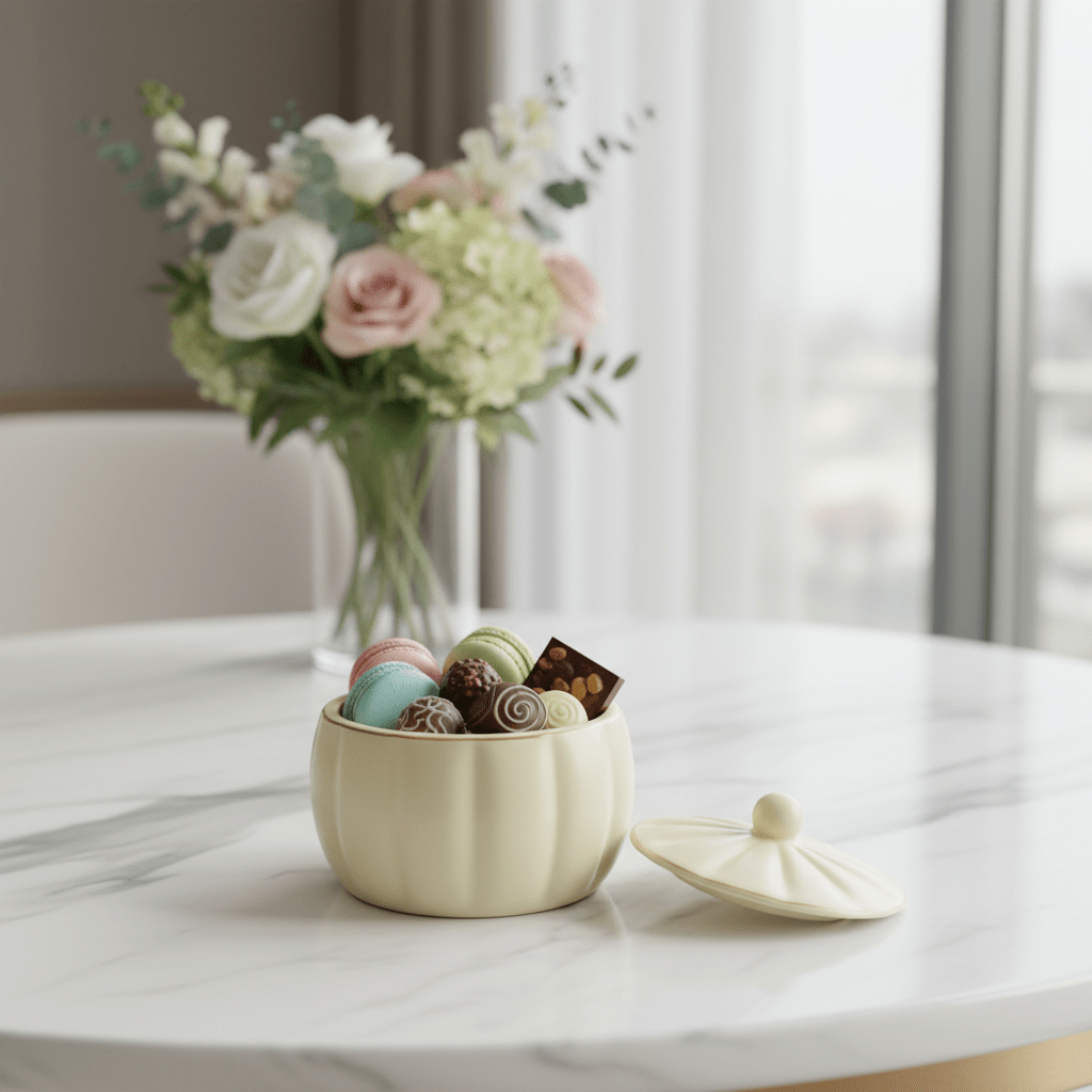 Hamid Light Yellow Ceramic Candy Bowl with Lid | 3.5 Inch | Gold Rim Accent - Al Kabayel Discount CentreHamid Light Yellow Ceramic Candy Bowl with Lid | 3.5 Inch | Gold Rim AccentJars & Food SaversHAMIDAl Kabayel Discount Centre