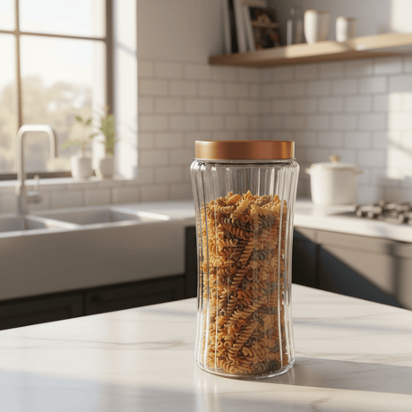 Hamid Ribbed Glass Canister with Rose Gold Metal Lid | 2 Litre | Airtight Storage Jar - Al Kabayel Discount CentreHamid Ribbed Glass Canister with Rose Gold Metal Lid | 2 Litre | Airtight Storage JarJars & Food SaversHAMIDAl Kabayel Discount Centre