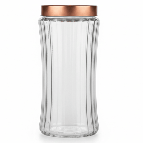 Hamid Ribbed Glass Canister with Rose Gold Metal Lid | 2 Litre | Airtight Storage Jar - Al Kabayel Discount CentreHamid Ribbed Glass Canister with Rose Gold Metal Lid | 2 Litre | Airtight Storage JarJars & Food SaversHAMIDAl Kabayel Discount Centre