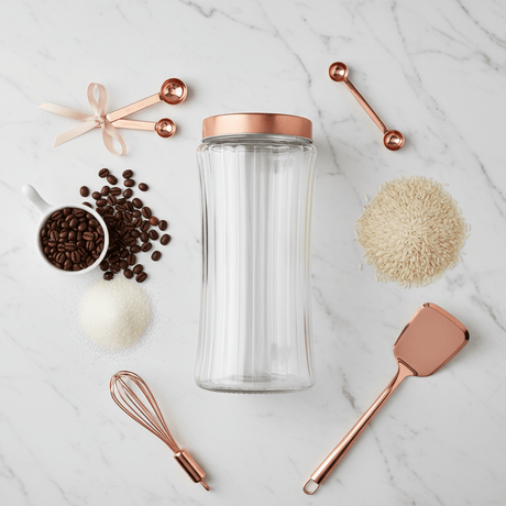 Hamid Ribbed Glass Canister with Rose Gold Metal Lid | 2 Litre | Airtight Storage Jar - Al Kabayel Discount CentreHamid Ribbed Glass Canister with Rose Gold Metal Lid | 2 Litre | Airtight Storage JarJars & Food SaversHAMIDAl Kabayel Discount Centre