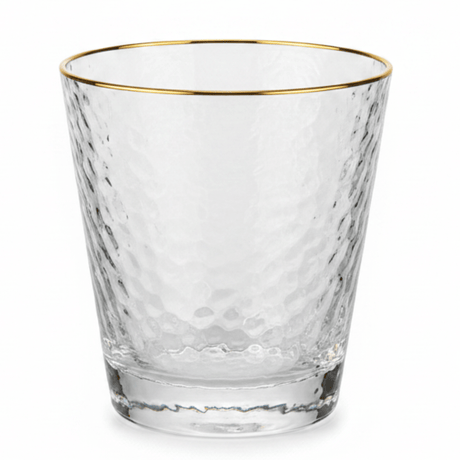 Hammered Clear Glass Tumbler with Gold Rim – 250ml - Al Kabayel Discount CentreHammered Clear Glass Tumbler with Gold Rim – 250mlTumblersAKDCAl Kabayel Discount Centre