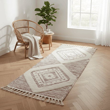Handcrafted Boho Moroccan Diamond Geometric Runner Carpet | 50% Cotton 50% Polyester | 60×180cm | Cream & Dusty Rose | Tasseled Fringe | Living Room, Bedroom & Hallway - Al Kabayel Discount CentreHandcrafted Boho Moroccan Diamond Geometric Runner Carpet | 50% Cotton 50% Polyester | 60×180cm | Cream & Dusty Rose | Tasseled Fringe | Living Room, Bedroom & HallwayDoormatsAKDCAl Kabayel Discount Centre
