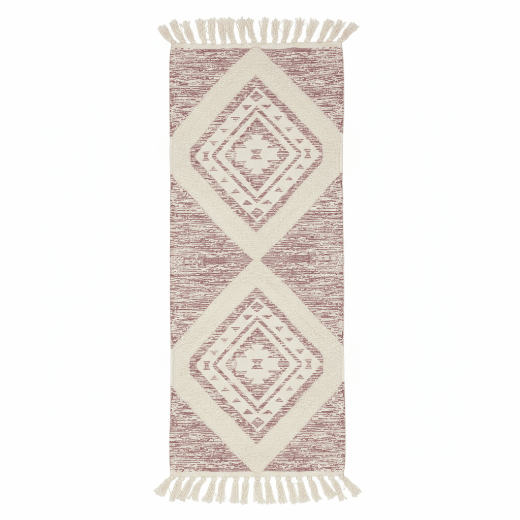 Handcrafted Boho Moroccan Diamond Geometric Runner Carpet | 50% Cotton 50% Polyester | 60×180cm | Cream & Dusty Rose | Tasseled Fringe | Living Room, Bedroom & Hallway - Al Kabayel Discount CentreHandcrafted Boho Moroccan Diamond Geometric Runner Carpet | 50% Cotton 50% Polyester | 60×180cm | Cream & Dusty Rose | Tasseled Fringe | Living Room, Bedroom & HallwayDoormatsAKDCAl Kabayel Discount Centre