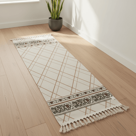 Handcrafted Diamond Lattice Runner Carpet | 50% Cotton 50% Polyester | Fringe Border Rug | 60 x 180 cm | Cream Beige | Majlis, Hallway & Bedroom Décor - Al Kabayel Discount CentreHandcrafted Diamond Lattice Runner Carpet | 50% Cotton 50% Polyester | Fringe Border Rug | 60 x 180 cm | Cream Beige | Majlis, Hallway & Bedroom DécorDoormatsAKDCAl Kabayel Discount Centre
