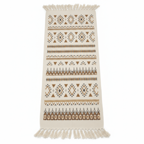 Handcrafted Moroccan Berber Flat Weave Runner Carpet | Geometric Tribal Pattern | 50% Cotton 50% Polyester | 60×180 cm | Cream White with Brown & Gold Motifs - Al Kabayel Discount CentreHandcrafted Moroccan Berber Flat Weave Runner Carpet | Geometric Tribal Pattern | 50% Cotton 50% Polyester | 60×180 cm | Cream White with Brown & Gold MotifsDoormatsAKDCAl Kabayel Discount Centre