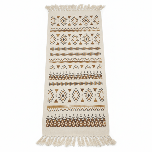 Handcrafted Moroccan Berber Flat Weave Runner Carpet | Geometric Tribal Pattern | 50% Cotton 50% Polyester | 60×180 cm | Cream White with Brown & Gold Motifs - Al Kabayel Discount CentreHandcrafted Moroccan Berber Flat Weave Runner Carpet | Geometric Tribal Pattern | 50% Cotton 50% Polyester | 60×180 cm | Cream White with Brown & Gold MotifsDoormatsAKDCAl Kabayel Discount Centre