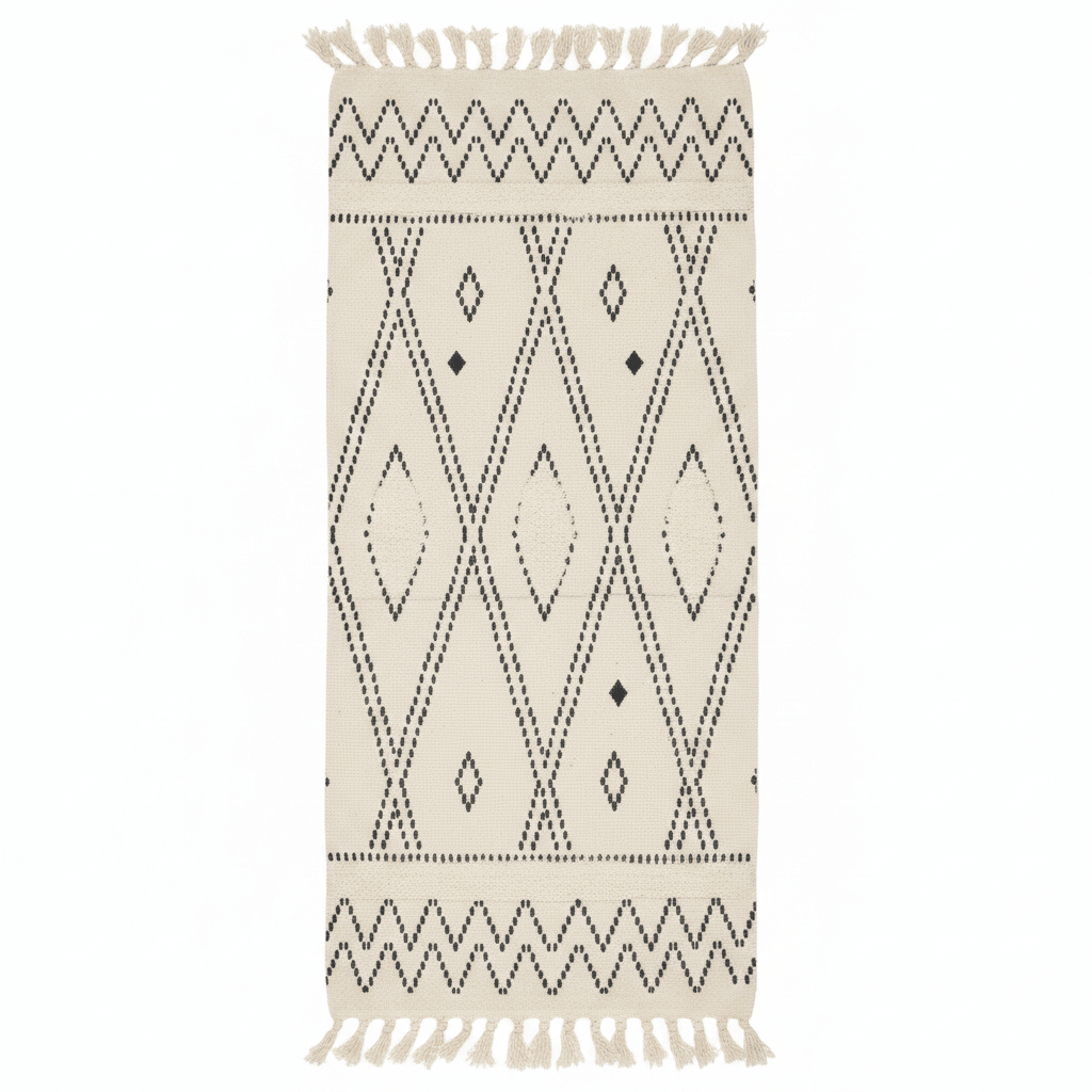 Handcrafted Moroccan Berber Flatweave Carpet | Geometric Diamond & Zigzag Pattern | 50% Cotton 50% Polyester | 60×180 cm | Ivory & Black | - Al Kabayel Discount CentreHandcrafted Moroccan Berber Flatweave Carpet | Geometric Diamond & Zigzag Pattern | 50% Cotton 50% Polyester | 60×180 cm | Ivory & Black |DoormatsAKDCAl Kabayel Discount Centre