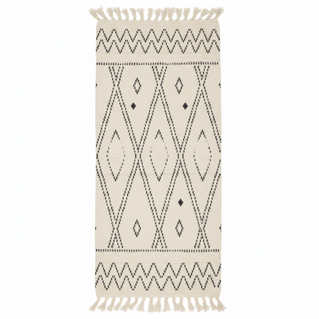 Handcrafted Moroccan Berber Flatweave Carpet | Geometric Diamond & Zigzag Pattern | 50% Cotton 50% Polyester | 60×180 cm | Ivory & Black | - Al Kabayel Discount CentreHandcrafted Moroccan Berber Flatweave Carpet | Geometric Diamond & Zigzag Pattern | 50% Cotton 50% Polyester | 60×180 cm | Ivory & Black |DoormatsAKDCAl Kabayel Discount Centre