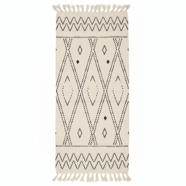 Handcrafted Moroccan Berber Flatweave Carpet | Geometric Diamond & Zigzag Pattern | 50% Cotton 50% Polyester | 60×180 cm | Ivory & Black | - Al Kabayel Discount CentreHandcrafted Moroccan Berber Flatweave Carpet | Geometric Diamond & Zigzag Pattern | 50% Cotton 50% Polyester | 60×180 cm | Ivory & Black |DoormatsAKDCAl Kabayel Discount Centre