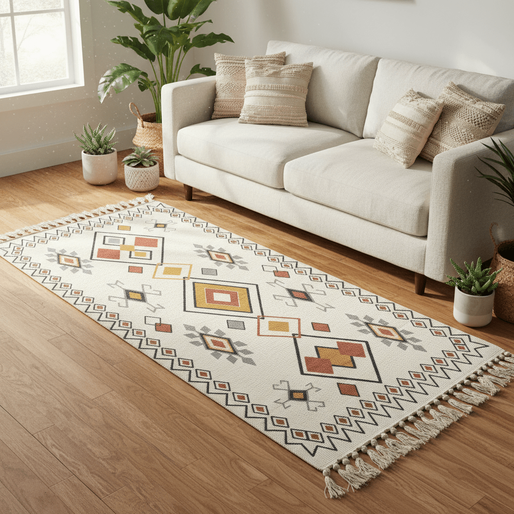 Handwoven Kilim Runner Carpet | Southwestern Geometric Pattern | 50% Cotton 50% Polyester | Fringe Tassels | 60×150 cm | Cream, Terracotta & Gold | Boho, Majlis & Modern Décor - Al Kabayel Discount CentreHandwoven Kilim Runner Carpet | Southwestern Geometric Pattern | 50% Cotton 50% Polyester | Fringe Tassels | 60×150 cm | Cream, Terracotta & Gold | Boho, Majlis & Modern DécorDoormatsAKDCAl Kabayel Discount Centre