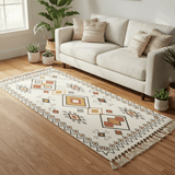 Handwoven Kilim Runner Carpet | Southwestern Geometric Pattern | 50% Cotton 50% Polyester | Fringe Tassels | 60×150 cm | Cream, Terracotta & Gold | Boho, Majlis & Modern Décor - Al Kabayel Discount CentreHandwoven Kilim Runner Carpet | Southwestern Geometric Pattern | 50% Cotton 50% Polyester | Fringe Tassels | 60×150 cm | Cream, Terracotta & Gold | Boho, Majlis & Modern DécorDoormatsAKDCAl Kabayel Discount Centre
