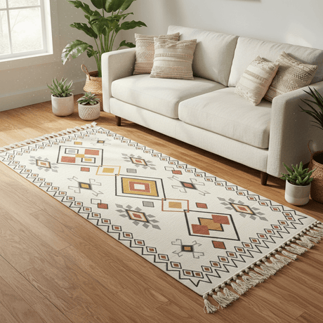 Handwoven Kilim Runner Carpet | Southwestern Geometric Pattern | 50% Cotton 50% Polyester | Fringe Tassels | 60×150 cm | Cream, Terracotta & Gold | Boho, Majlis & Modern Décor - Al Kabayel Discount CentreHandwoven Kilim Runner Carpet | Southwestern Geometric Pattern | 50% Cotton 50% Polyester | Fringe Tassels | 60×150 cm | Cream, Terracotta & Gold | Boho, Majlis & Modern DécorDoormatsAKDCAl Kabayel Discount Centre