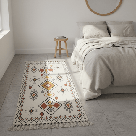 Handwoven Kilim Runner Carpet | Southwestern Geometric Pattern | 50% Cotton 50% Polyester | Fringe Tassels | 60×150 cm | Cream, Terracotta & Gold | Boho, Majlis & Modern Décor - Al Kabayel Discount CentreHandwoven Kilim Runner Carpet | Southwestern Geometric Pattern | 50% Cotton 50% Polyester | Fringe Tassels | 60×150 cm | Cream, Terracotta & Gold | Boho, Majlis & Modern DécorDoormatsAKDCAl Kabayel Discount Centre