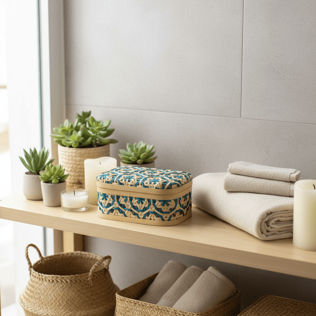 Handwoven Rectangle Bamboo Rattan Storage Box with Geometric Pattern | Decorative Organizer Box | 17×12×8 cm | - Al Kabayel Discount CentreHandwoven Rectangle Bamboo Rattan Storage Box with Geometric Pattern | Decorative Organizer Box | 17×12×8 cm |RattansAKDCAl Kabayel Discount Centre