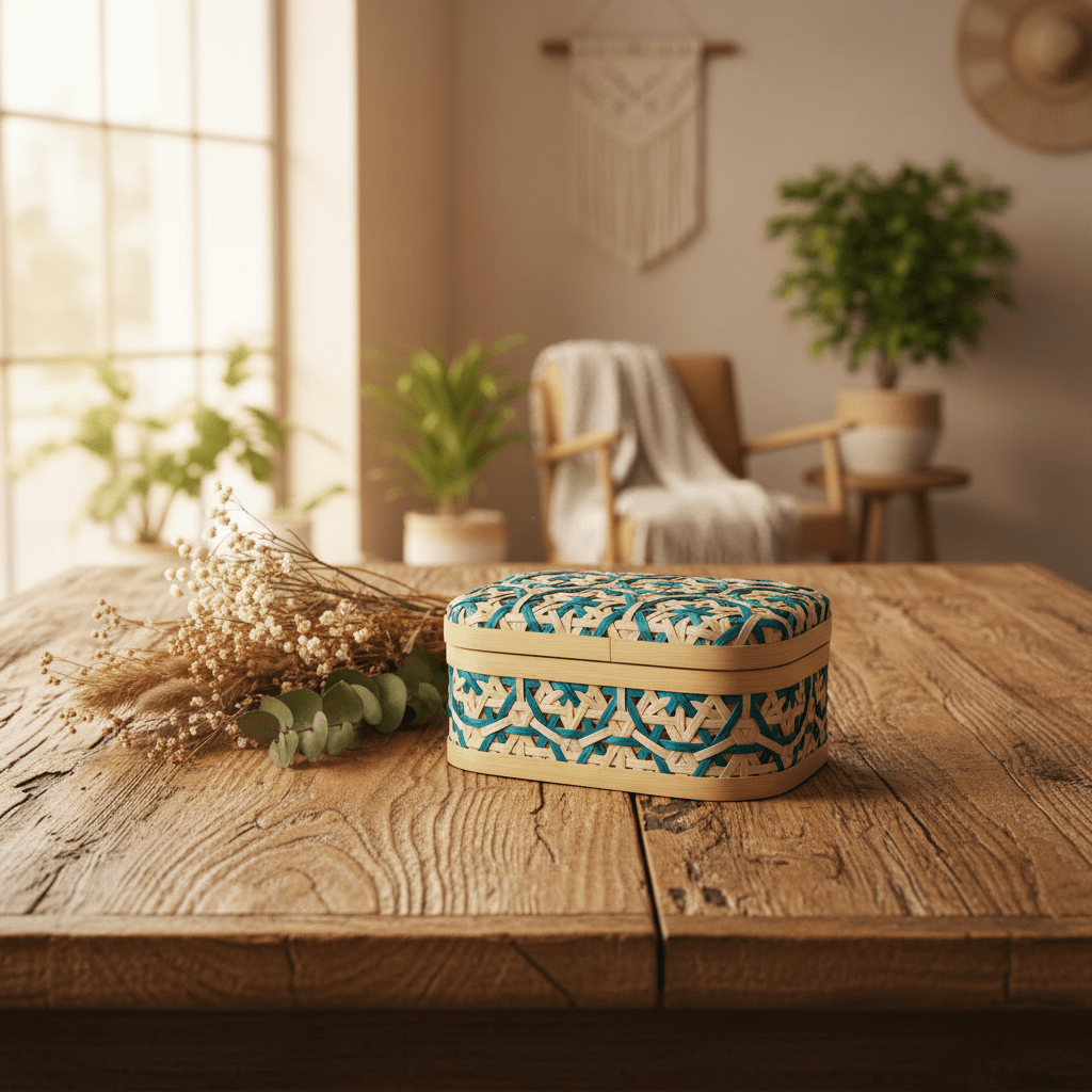 Handwoven Rectangle Bamboo Rattan Storage Box with Geometric Pattern | Decorative Organizer Box | 17×12×8 cm | - Al Kabayel Discount CentreHandwoven Rectangle Bamboo Rattan Storage Box with Geometric Pattern | Decorative Organizer Box | 17×12×8 cm |RattansAKDCAl Kabayel Discount Centre